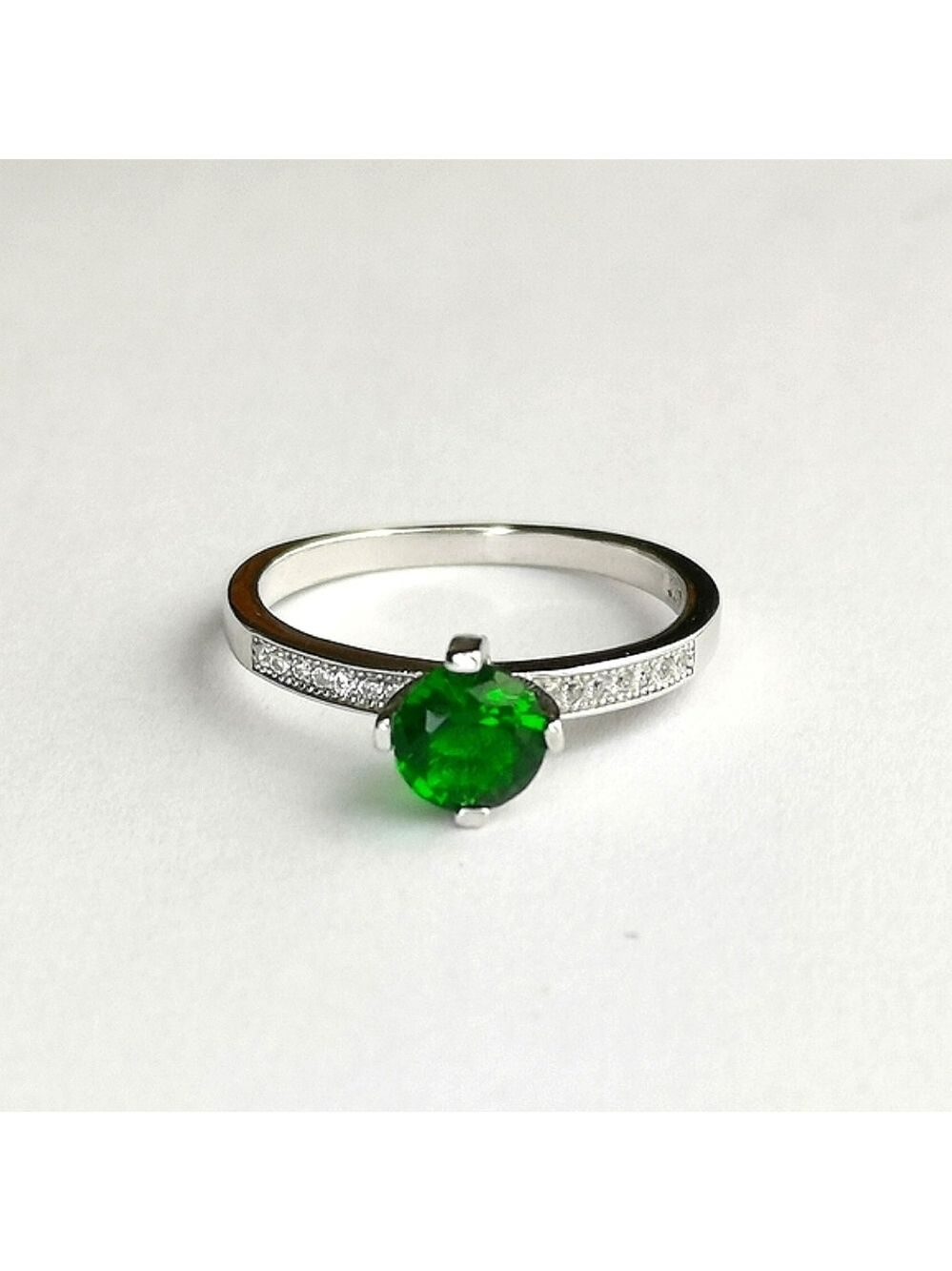 Emerald solitaire ring in Sterling Silver and White Sapphire size 6.75